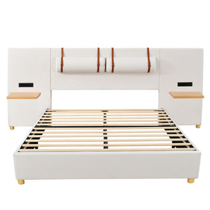 HomeRoots Beige Tufted Upholstered Queen Bed Frame with USB Charging – Modern Comfort & Style for Your Bedroom 590400