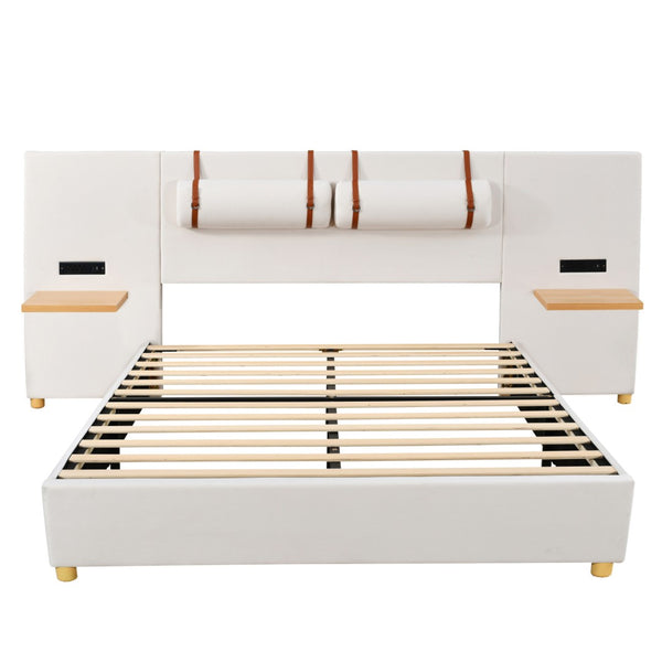 HomeRoots Beige Tufted Upholstered Queen Bed Frame with USB Charging – Modern Comfort & Style for Your Bedroom 590400