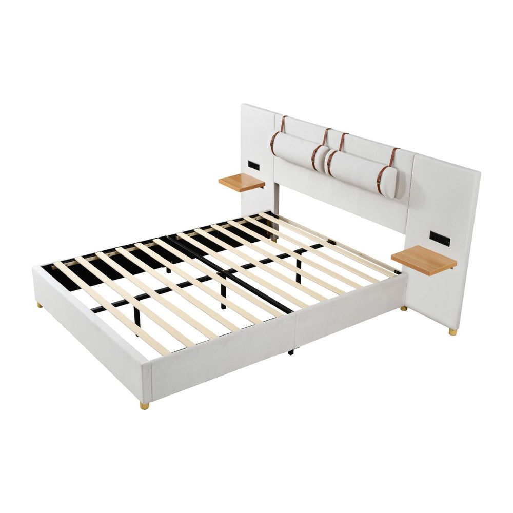 HomeRoots Beige Tufted Upholstered Queen Bed Frame with USB Charging – Modern Comfort & Style for Your Bedroom 590400