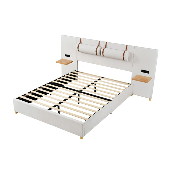 HomeRoots Beige Tufted Upholstered Queen Bed Frame with USB Charging – Modern Comfort & Style for Your Bedroom 590400