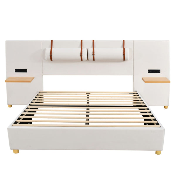 HomeRoots Beige Tufted Upholstered Queen Bed Frame with USB Charging – Modern Comfort & Style for Your Bedroom 590400