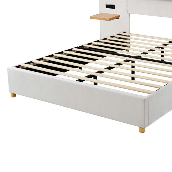 HomeRoots Beige Tufted Upholstered Queen Bed Frame with USB Charging – Modern Comfort & Style for Your Bedroom 590400