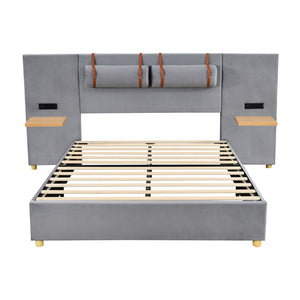 HomeRoots Gray Tufted Upholstered Queen Bed Frame with USB Charging – Modern Elegance & Durable Comfort 590401