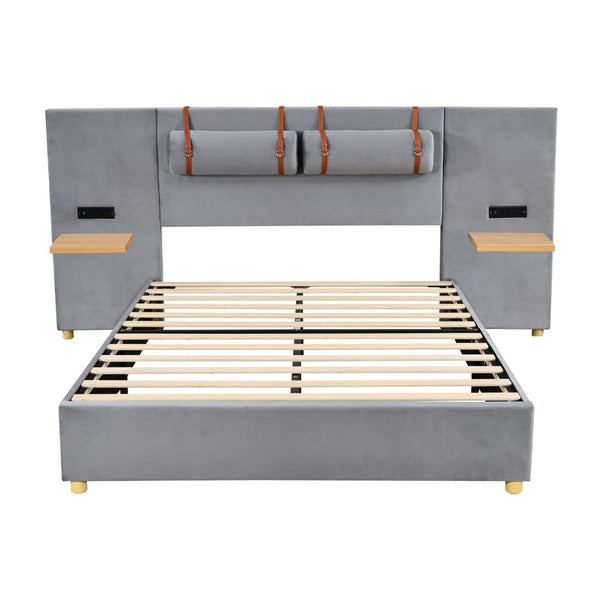 HomeRoots Gray Tufted Upholstered Queen Bed Frame with USB Charging – Modern Elegance & Durable Comfort 590401
