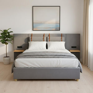 HomeRoots Gray Tufted Upholstered Queen Bed Frame with USB Charging – Modern Elegance & Durable Comfort 590401