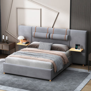 HomeRoots Gray Tufted Upholstered Queen Bed Frame with USB Charging – Modern Elegance & Durable Comfort 590401