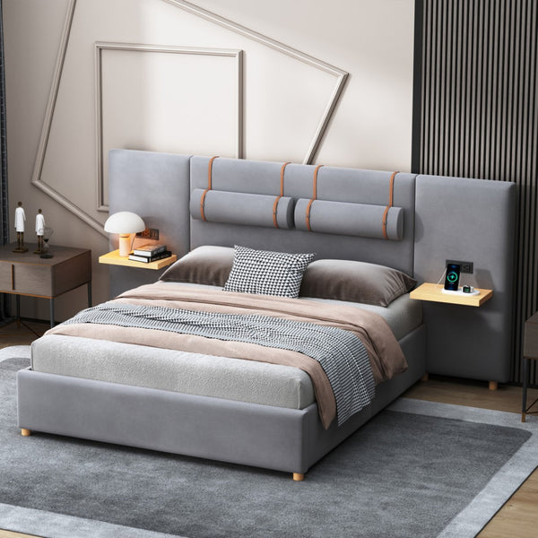 HomeRoots Gray Tufted Upholstered Queen Bed Frame with USB Charging – Modern Elegance & Durable Comfort 590401