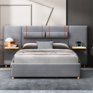 HomeRoots Gray Tufted Upholstered Queen Bed Frame with USB Charging – Modern Elegance & Durable Comfort 590401