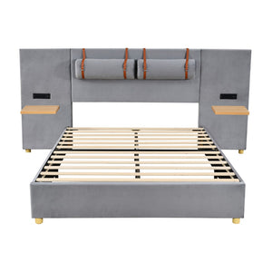 HomeRoots Gray Tufted Upholstered Queen Bed Frame with USB Charging – Modern Elegance & Durable Comfort 590401