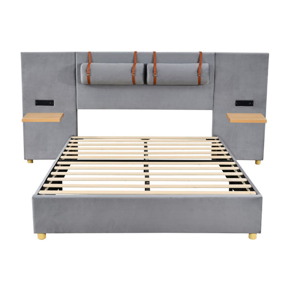 HomeRoots Gray Tufted Upholstered Queen Bed Frame with USB Charging – Modern Elegance & Durable Comfort 590401