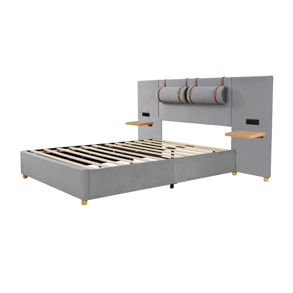 HomeRoots Gray Tufted Upholstered Queen Bed Frame with USB Charging – Modern Elegance & Durable Comfort 590401