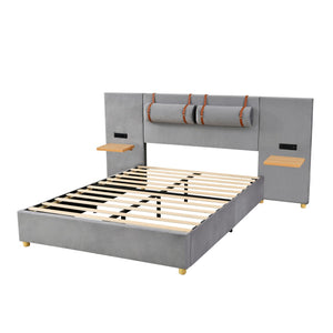 HomeRoots Gray Tufted Upholstered Queen Bed Frame with USB Charging – Modern Elegance & Durable Comfort 590401