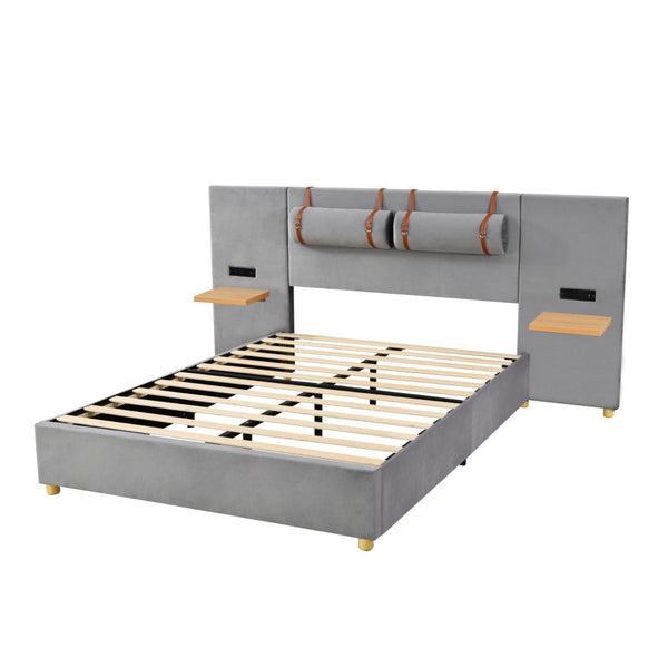 HomeRoots Gray Tufted Upholstered Queen Bed Frame with USB Charging – Modern Elegance & Durable Comfort 590401