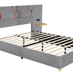 HomeRoots Gray Tufted Upholstered Queen Bed Frame with USB Charging – Modern Elegance & Durable Comfort 590401