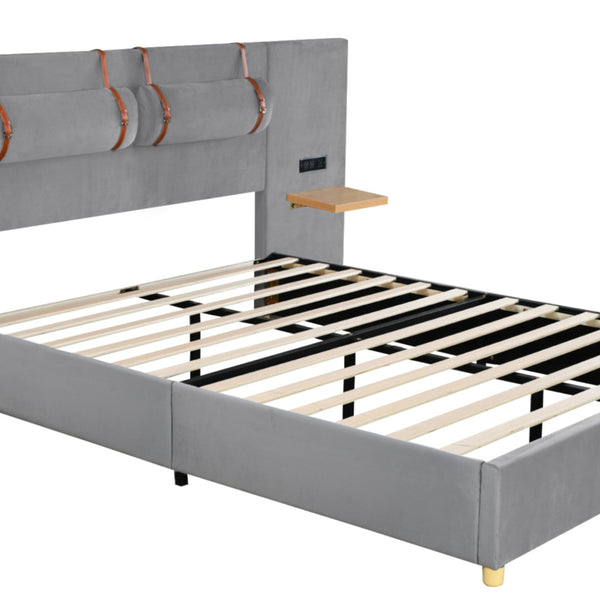 HomeRoots Gray Tufted Upholstered Queen Bed Frame with USB Charging – Modern Elegance & Durable Comfort 590401