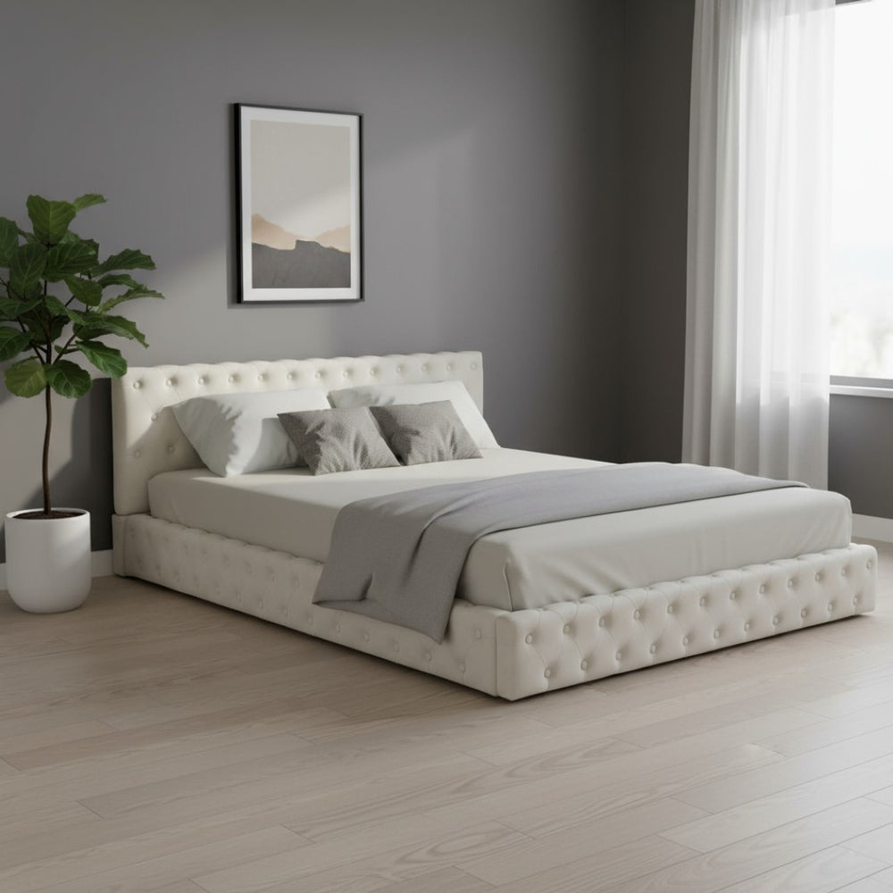 HomeRoots Beige Velvet Upholstered Queen Bed Frame - Elegant Tufted Design for Modern Bedrooms & Comfort 590404