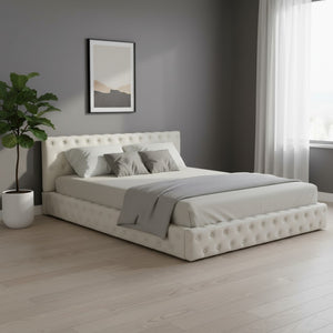 HomeRoots Beige Velvet Upholstered Queen Bed Frame - Elegant Tufted Design for Modern Bedrooms & Comfort 590404