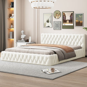 HomeRoots Beige Velvet Upholstered Queen Bed Frame - Elegant Tufted Design for Modern Bedrooms & Comfort 590404