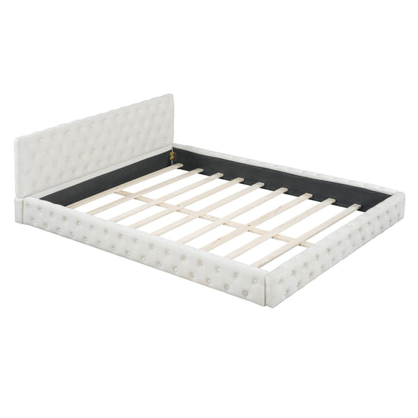 HomeRoots Beige Velvet Upholstered Queen Bed Frame - Elegant Tufted Design for Modern Bedrooms & Comfort 590404