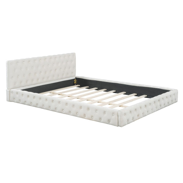 HomeRoots Beige Velvet Upholstered Queen Bed Frame - Elegant Tufted Design for Modern Bedrooms & Comfort 590404