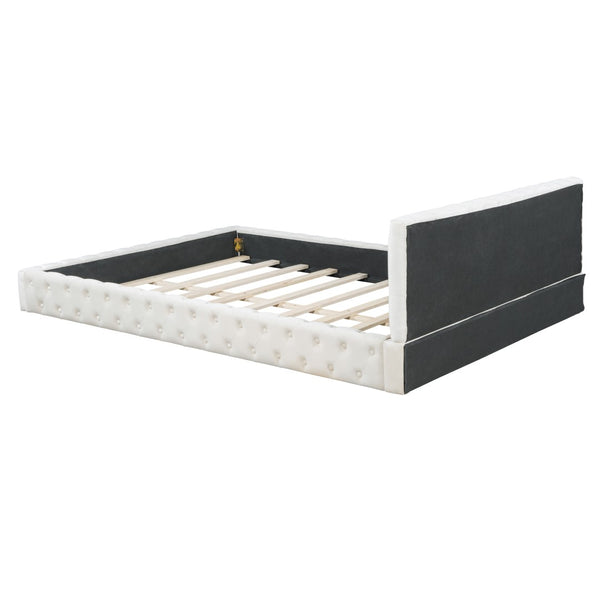 HomeRoots Beige Velvet Upholstered Queen Bed Frame - Elegant Tufted Design for Modern Bedrooms & Comfort 590404