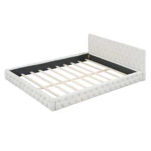 HomeRoots Beige Velvet Upholstered Queen Bed Frame - Elegant Tufted Design for Modern Bedrooms & Comfort 590404