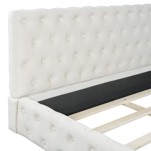 HomeRoots Beige Velvet Upholstered Queen Bed Frame - Elegant Tufted Design for Modern Bedrooms & Comfort 590404
