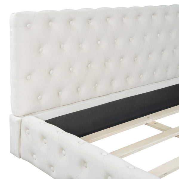 HomeRoots Beige Velvet Upholstered Queen Bed Frame - Elegant Tufted Design for Modern Bedrooms & Comfort 590404