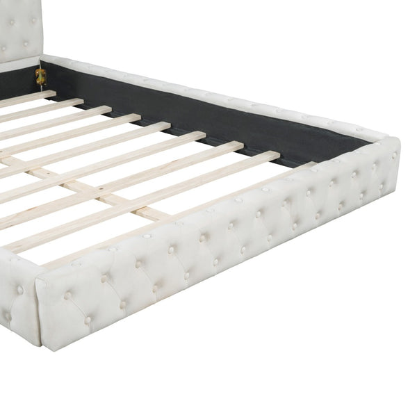 HomeRoots Beige Velvet Upholstered Queen Bed Frame - Elegant Tufted Design for Modern Bedrooms & Comfort 590404