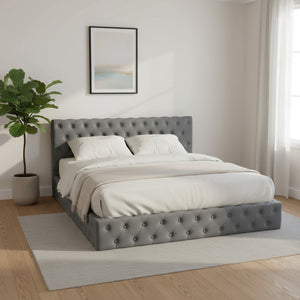HomeRoots Gray Tufted Velvet Queen Bed Frame - Luxurious Upholstered Design for Ultimate Comfort & Style 590405