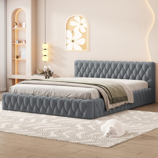 HomeRoots Gray Tufted Velvet Queen Bed Frame - Luxurious Upholstered Design for Ultimate Comfort & Style 590405