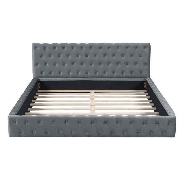 HomeRoots Gray Tufted Velvet Queen Bed Frame - Luxurious Upholstered Design for Ultimate Comfort & Style 590405