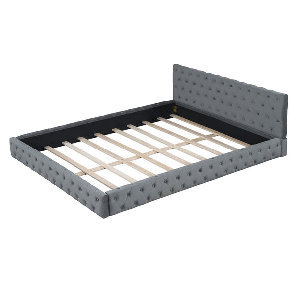 HomeRoots Gray Tufted Velvet Queen Bed Frame - Luxurious Upholstered Design for Ultimate Comfort & Style 590405