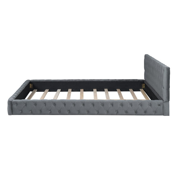 HomeRoots Gray Tufted Velvet Queen Bed Frame - Luxurious Upholstered Design for Ultimate Comfort & Style 590405