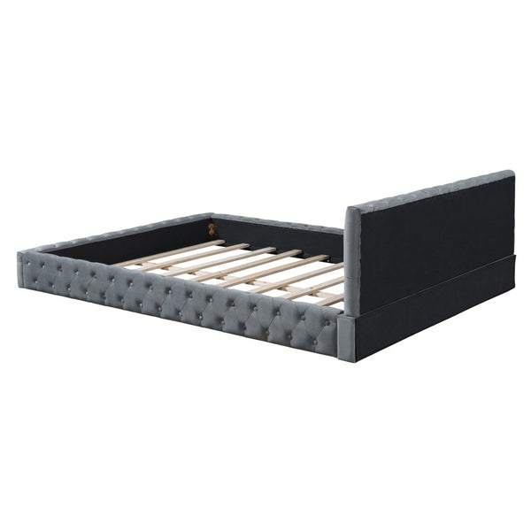 HomeRoots Gray Tufted Velvet Queen Bed Frame - Luxurious Upholstered Design for Ultimate Comfort & Style 590405