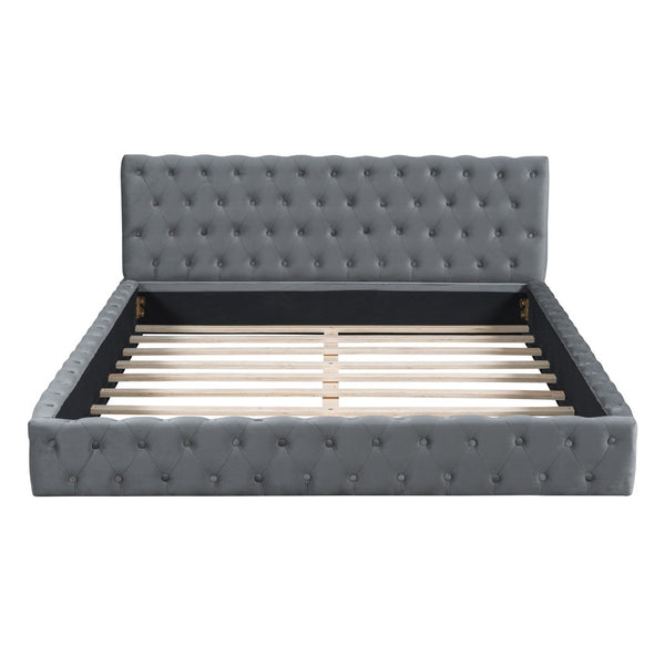HomeRoots Gray Tufted Velvet Queen Bed Frame - Luxurious Upholstered Design for Ultimate Comfort & Style 590405
