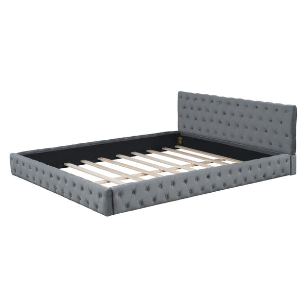 HomeRoots Gray Tufted Velvet Queen Bed Frame - Luxurious Upholstered Design for Ultimate Comfort & Style 590405