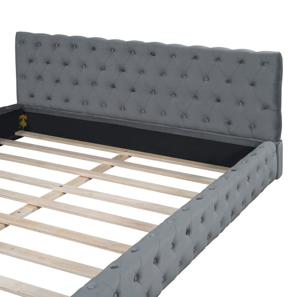 HomeRoots Gray Tufted Velvet Queen Bed Frame - Luxurious Upholstered Design for Ultimate Comfort & Style 590405