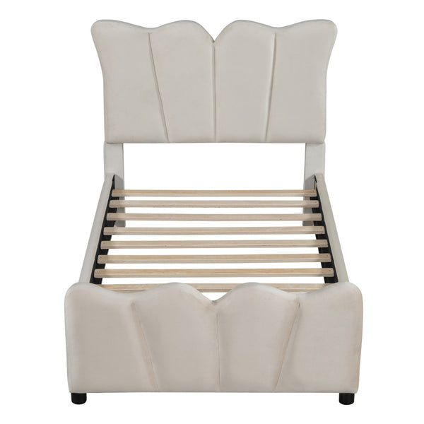 HomeRoots Beige Tufted Velvet Twin Bed Frame - Elegant Modern Design with Plush Comfort & Durable Support 590414