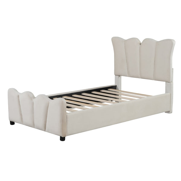 HomeRoots Beige Tufted Velvet Twin Bed Frame - Elegant Modern Design with Plush Comfort & Durable Support 590414