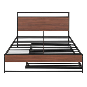 HomeRoots Black Metal Full Bed Frame with Trundle - Stylish, Space-Saving Design for Guests and Family Comfort 590420
