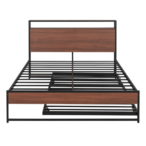 HomeRoots Black Metal Full Bed Frame with Trundle - Stylish, Space-Saving Design for Guests and Family Comfort 590420
