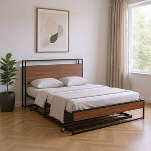 HomeRoots Black Metal Full Bed Frame with Trundle - Stylish, Space-Saving Design for Guests and Family Comfort 590420