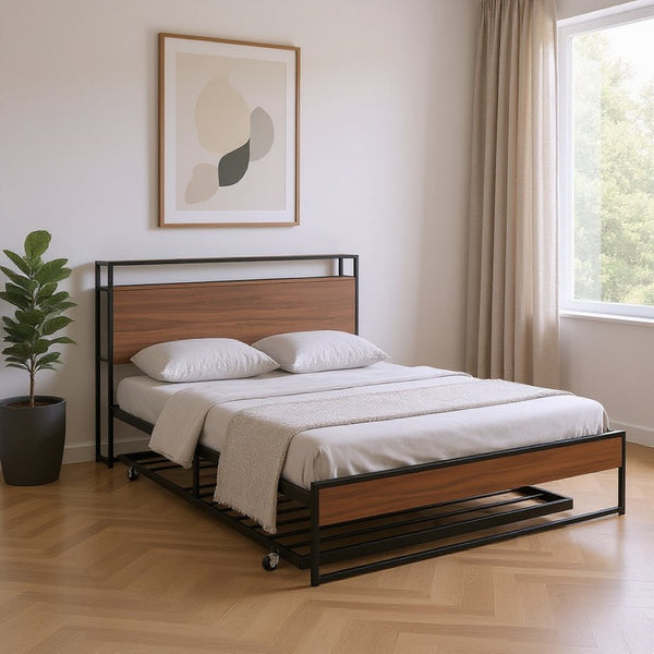 HomeRoots Black Metal Full Bed Frame with Trundle - Stylish, Space-Saving Design for Guests and Family Comfort 590420