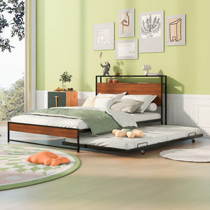 HomeRoots Black Metal Full Bed Frame with Trundle - Stylish, Space-Saving Design for Guests and Family Comfort 590420