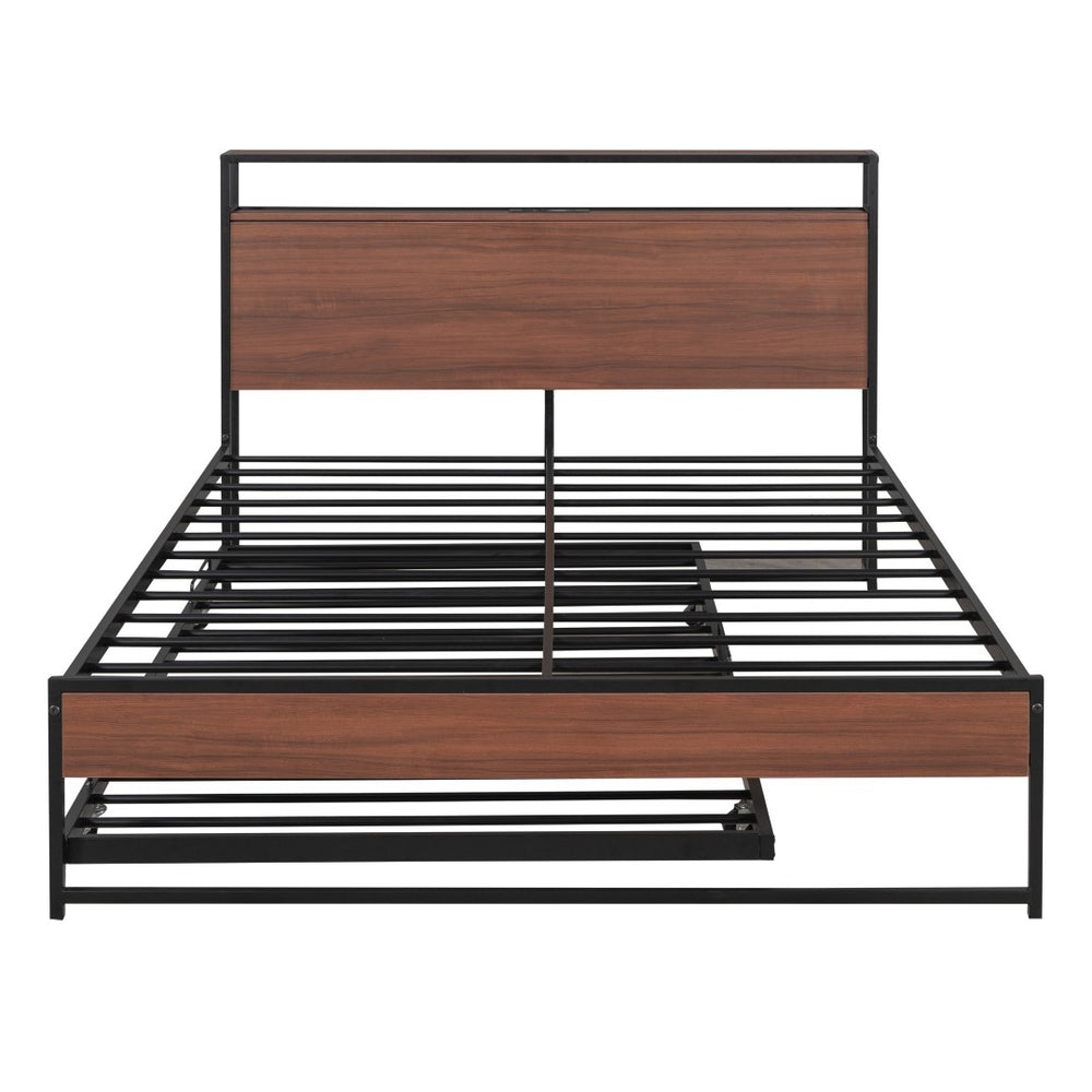 HomeRoots Black Metal Full Bed Frame with Trundle - Stylish, Space-Saving Design for Guests and Family Comfort 590420