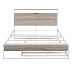 HomeRoots White Metal Full Bed Frame with Rolling Trundle - Space-Saving, Durable Design for Modern Bedrooms 590421