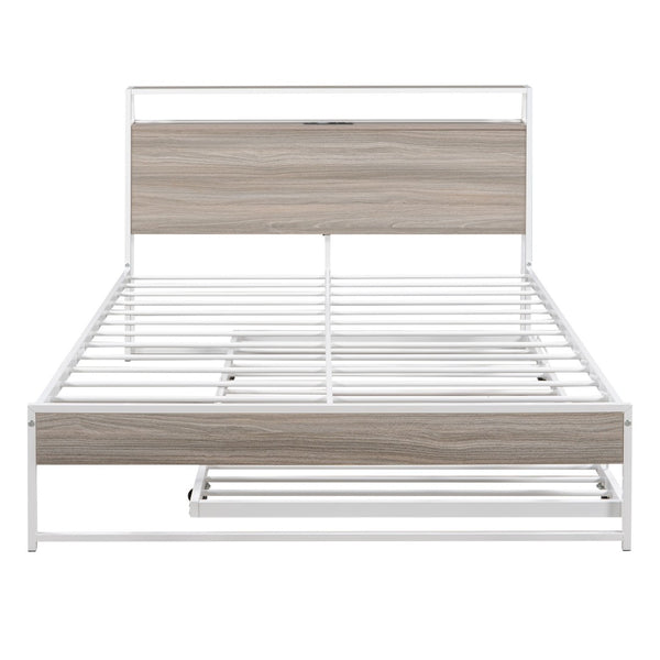 HomeRoots White Metal Full Bed Frame with Rolling Trundle - Space-Saving, Durable Design for Modern Bedrooms 590421