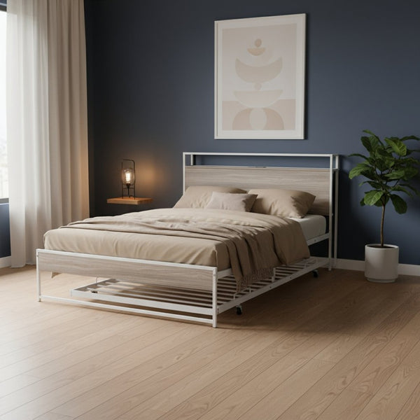 HomeRoots White Metal Full Bed Frame with Rolling Trundle - Space-Saving, Durable Design for Modern Bedrooms 590421