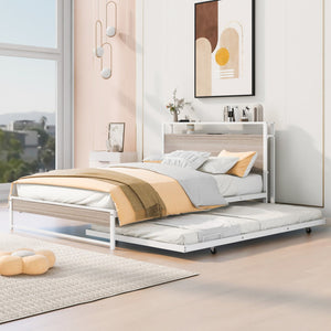 HomeRoots White Metal Full Bed Frame with Rolling Trundle - Space-Saving, Durable Design for Modern Bedrooms 590421